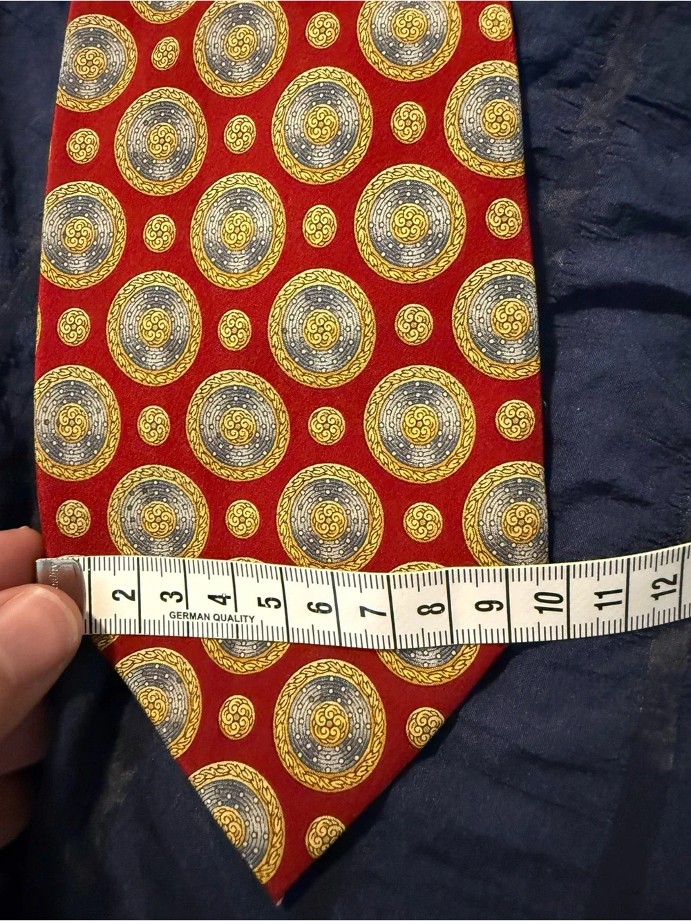 Valentino Red Silk Tie with Gold and Blue Medallions